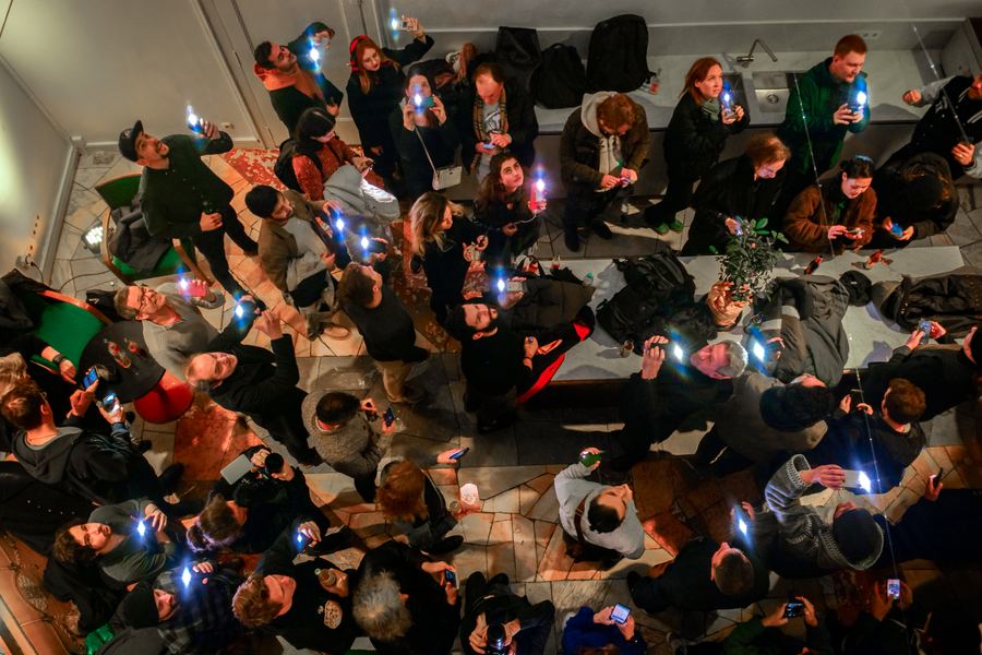 The audience at a Movie Nerds event, seen from above.